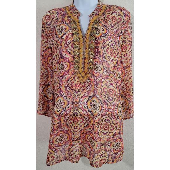 Peck & Peck Orange Purple Floral Beaded Peasant Top Medium LIghtweight Flowy - Picture 1 of 4